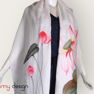 White ramie scarf hand-painted with lotus